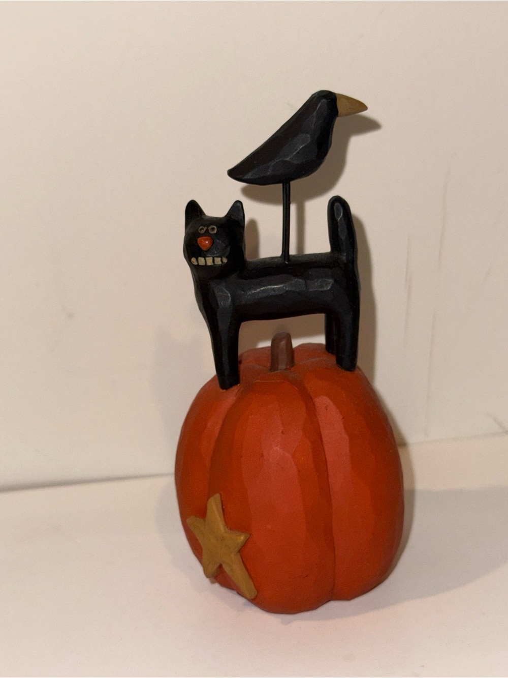 Hand-Painted Black Cat & Crow Pumpkin Figurine 4.5” high